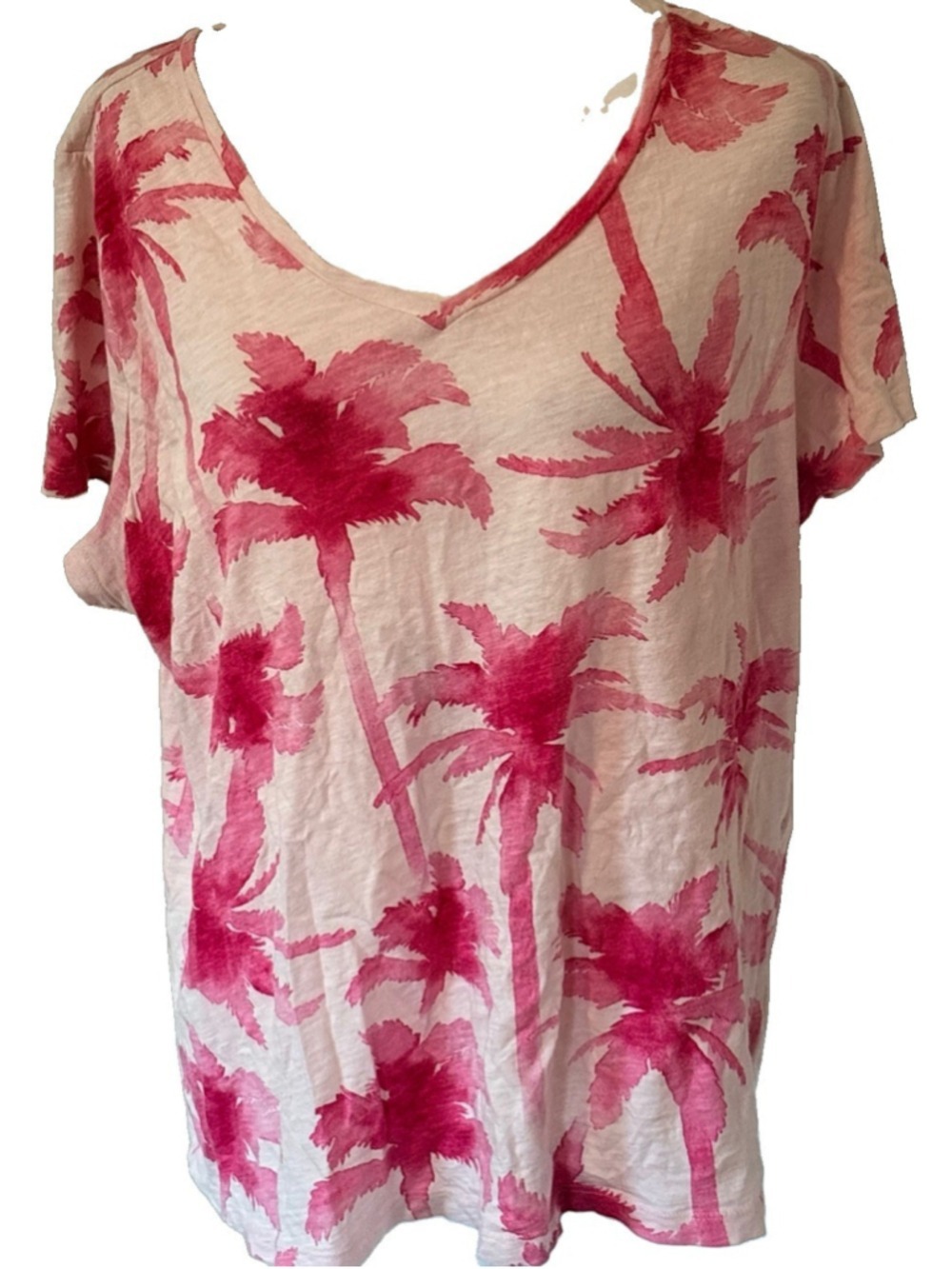 Sonoma Women 1X Top Pink Palm Tree V-Neck Shirt Cotton Tropical Resortwear Beach